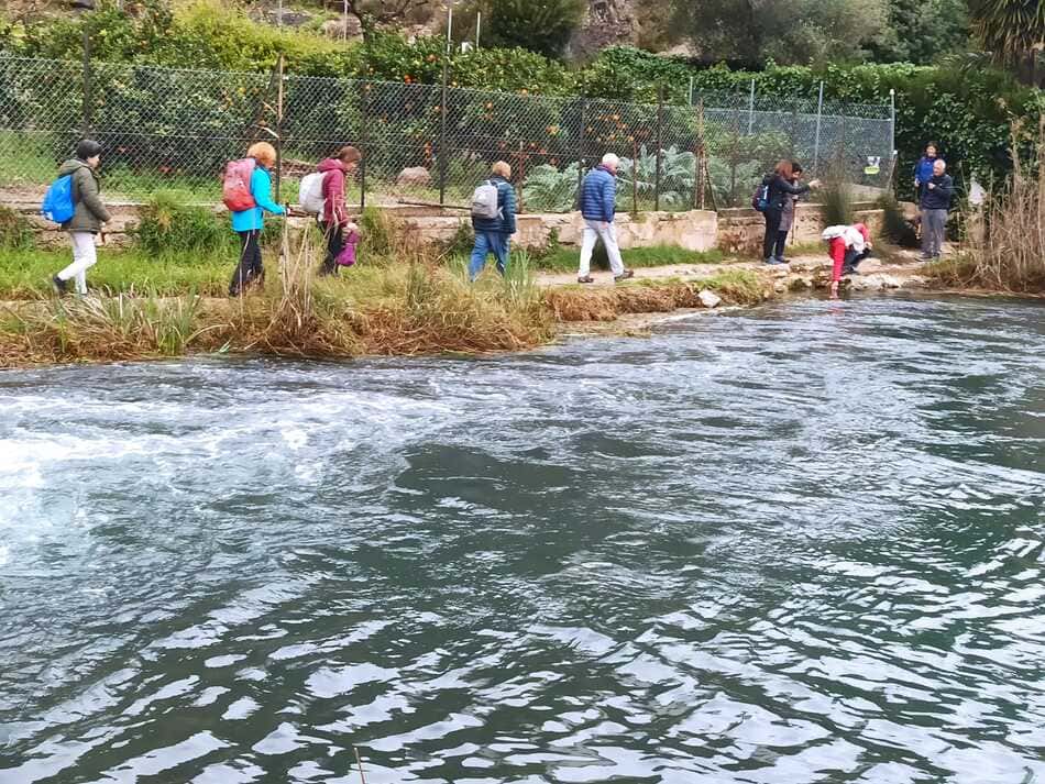 gente caminando por campo cerca de agua