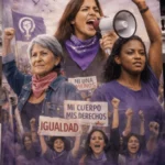 Cartel del 8 de marzo en el que se ven tres mujeres vistiendo camiseta morada. Ambiente de manifestación