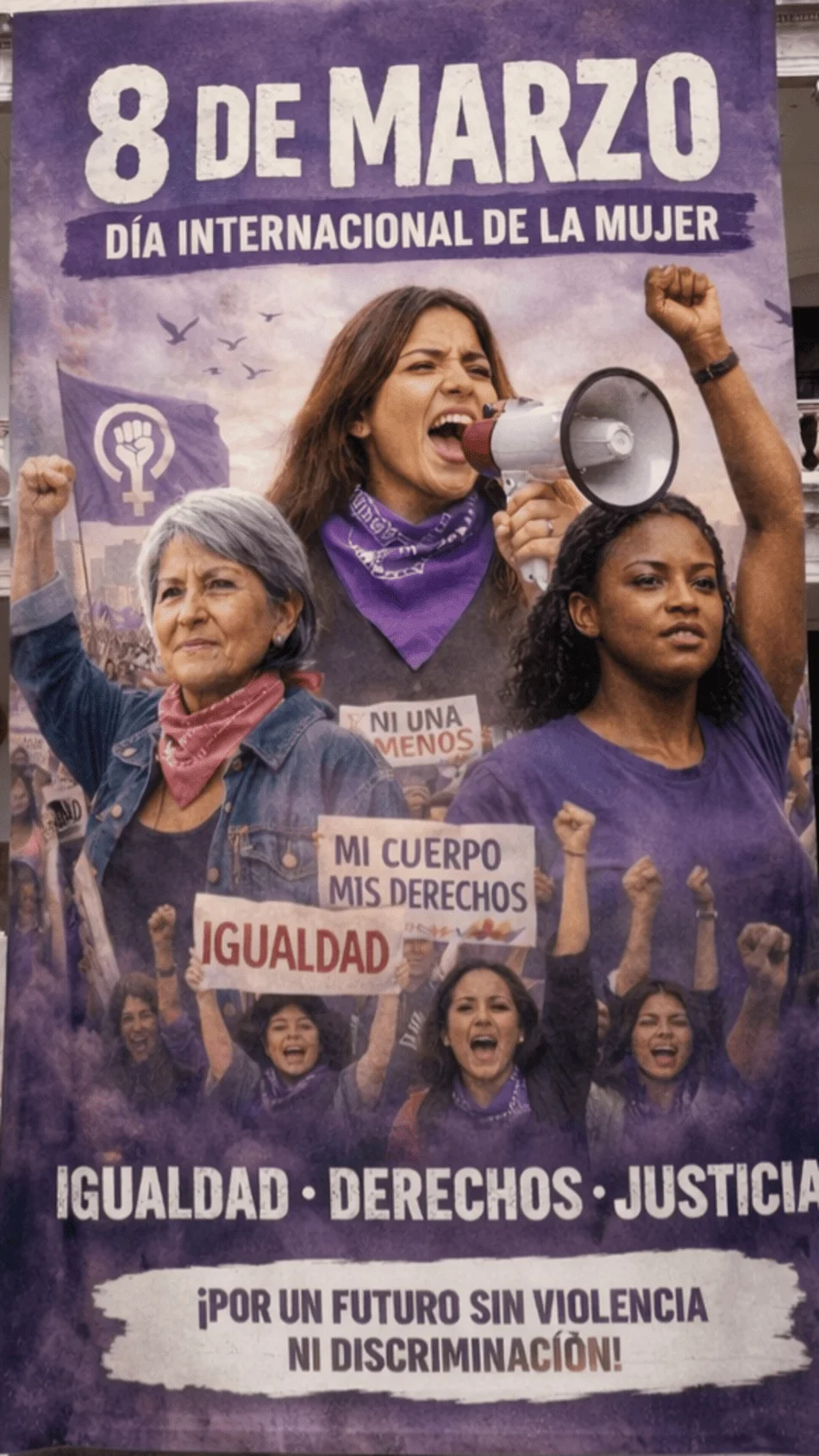 Cartel del 8 de marzo en el que se ven tres mujeres vistiendo camiseta morada. Ambiente de manifestación
