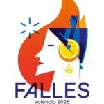 Cartel de fallas con dibujo de fallera y una llama de fondo