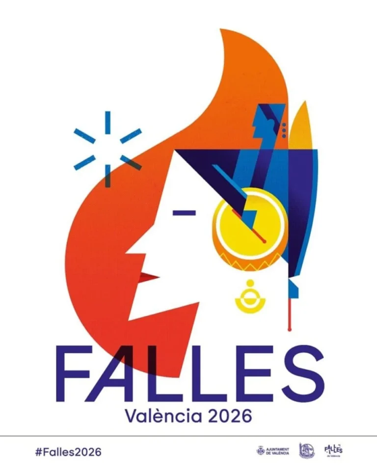Cartel de fallas con dibujo de fallera y una llama de fondo