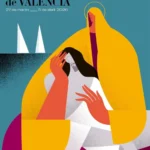 Cartel fondo azul verdoso y figura de la virgen y niño Jesús